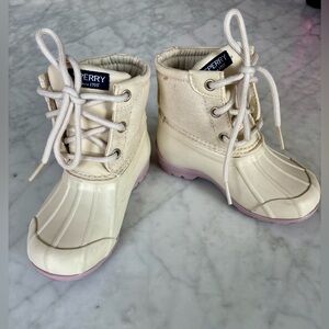Sperry Kids Ivory and Pink Duck Boots